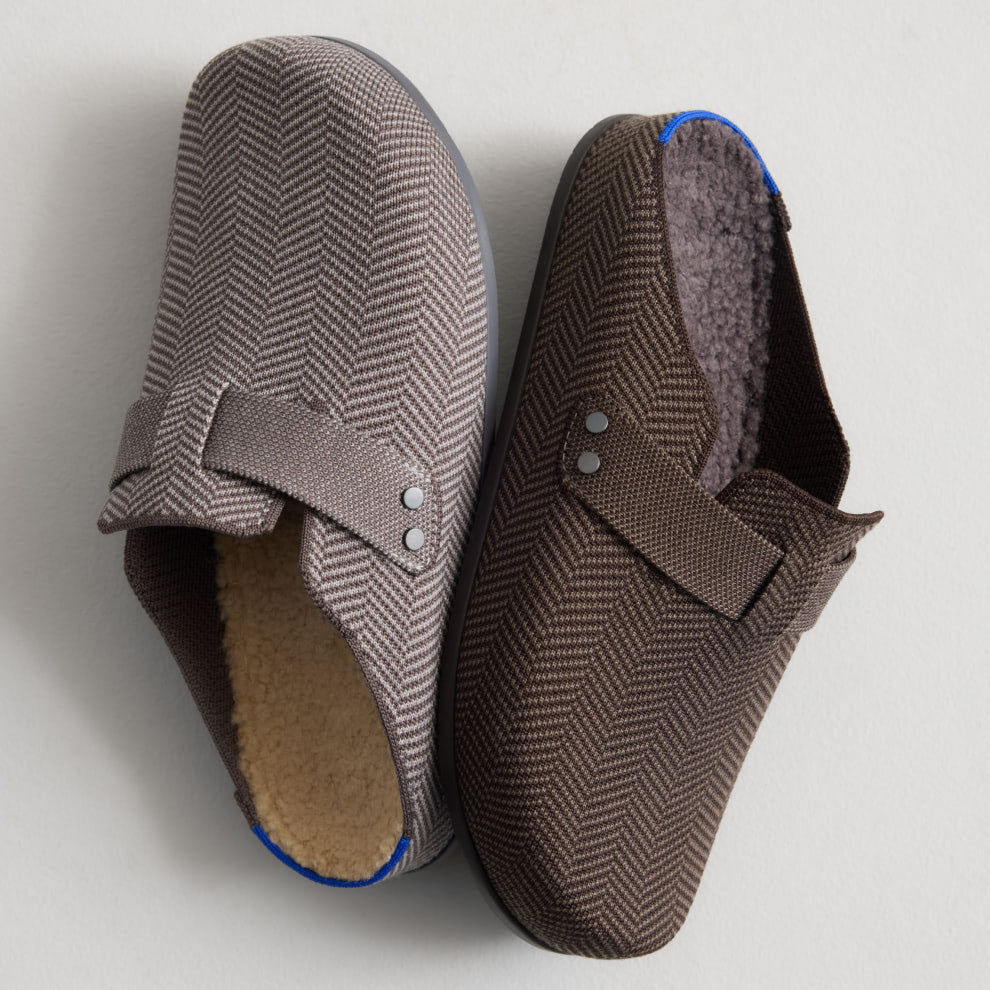 The Teddy Men's Clog in Ash Herringbone
 and Umber Herringbone.