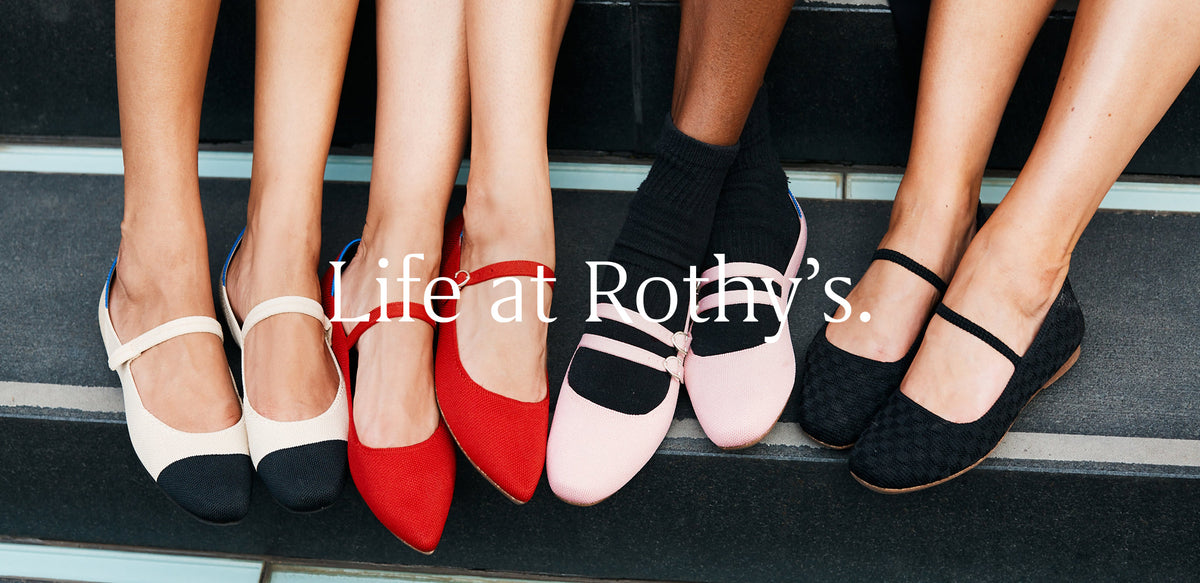 Collection of Mary Janes with copy over image "Life at Rothy's."