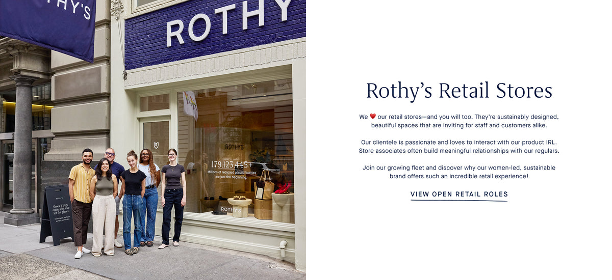 Rothy's Retail Store Image with store associates looking at a design board, copy over image talks to open retail roles at Rothy's.