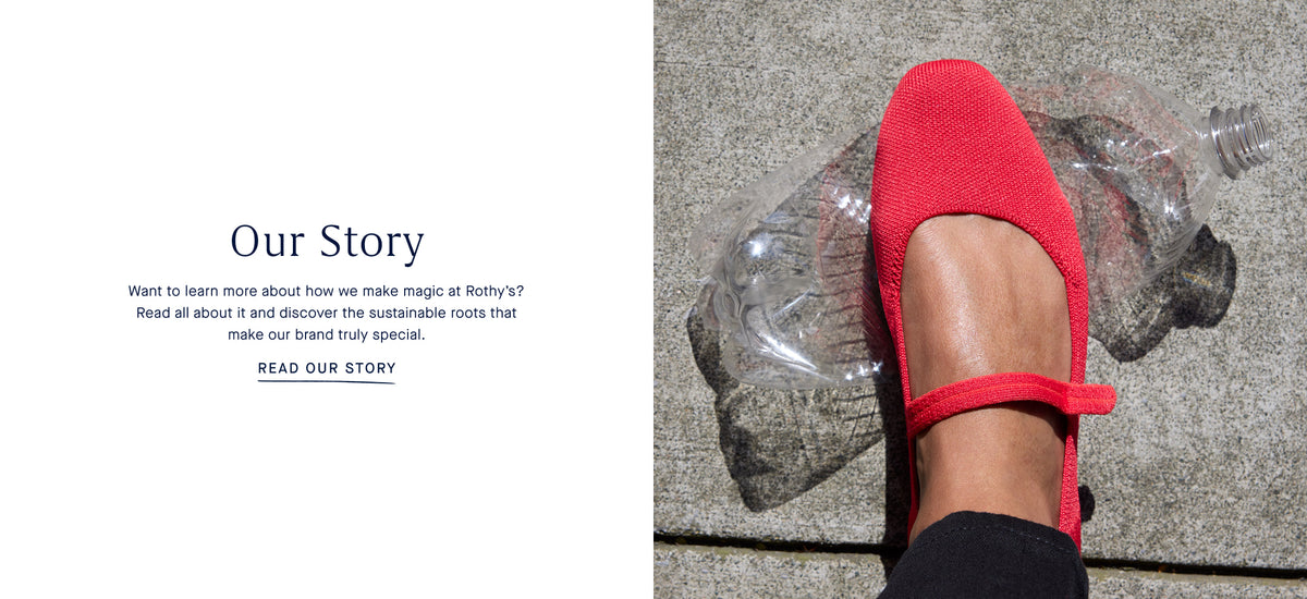 Image of The Square Mary Jane in Lollipop Red next to copy "our story."