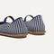 Close up of the heel of The Cruiser Mary Jane in Blackberry Stripe, with Rothy's signature blue halo. 