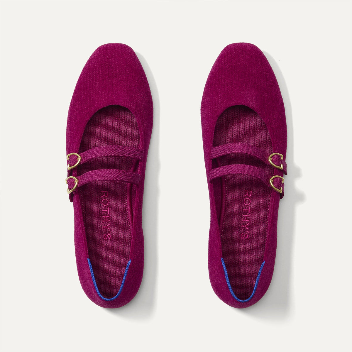 The Double Buckle Mary Jane in ReVelvet Mulberry shown from the top.