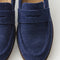 macro | Close up of the toe box and penny keeper of The Penny Loafer in ReVelvet Navy.