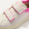 Close up of the vamp of The Kids Strap Sneaker in Pink Taffy. 