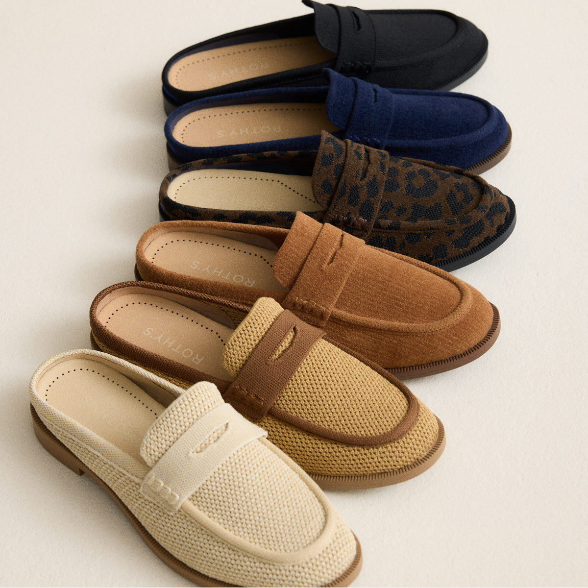 Overhead shot of The Penny Loafer Mule in assorted colors.